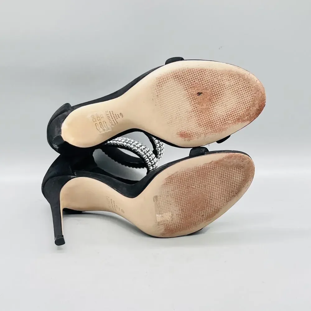 Schutz Sandals Womens 10 Black Suede Rhinestone Ankle Strap Zip Stiletto Shoes